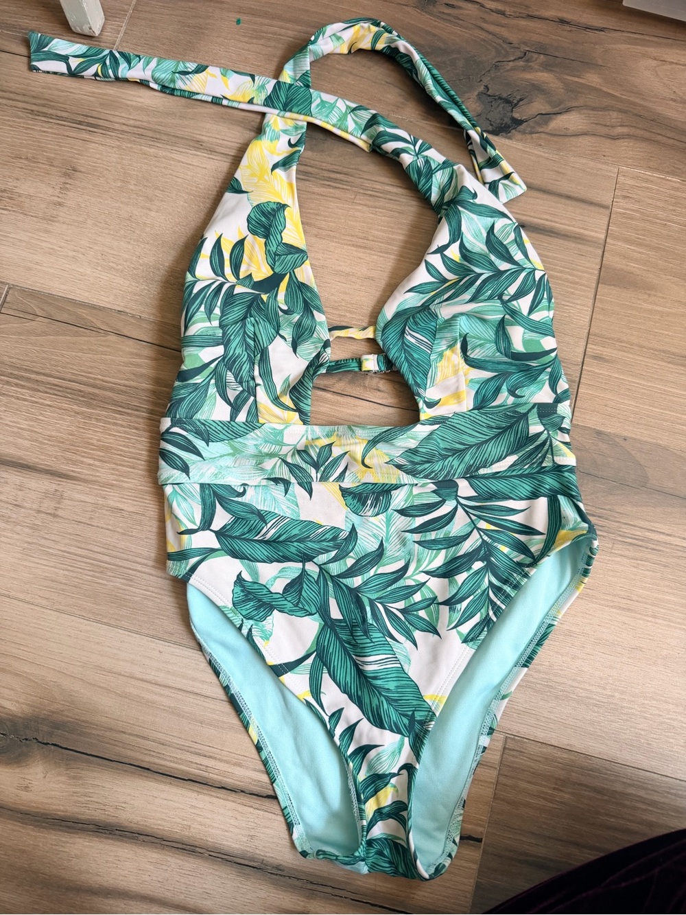 Womens Green Tropical Leaf One-Piece Swimsuit - Halter Neck